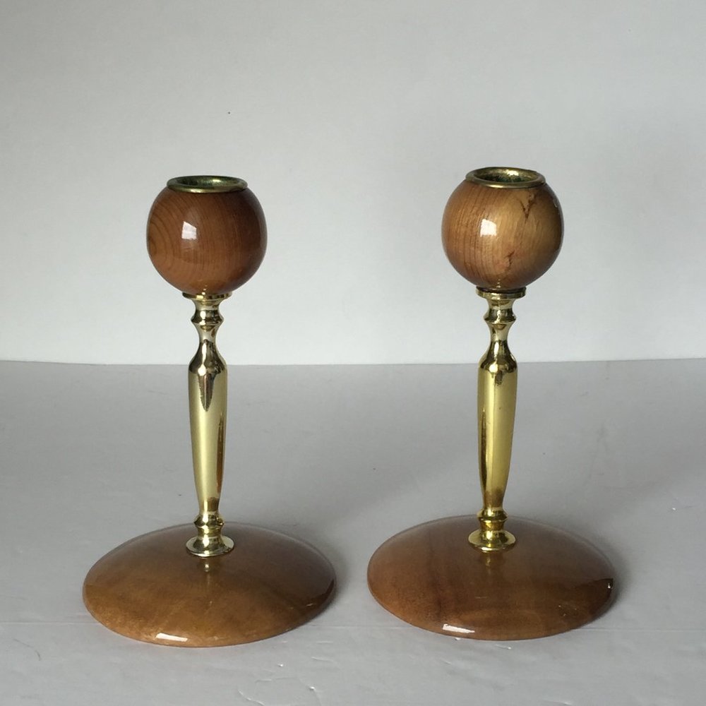 MCM Brown Wood & Gold Metal Candle Sticks Holders - Picture 1 of 5